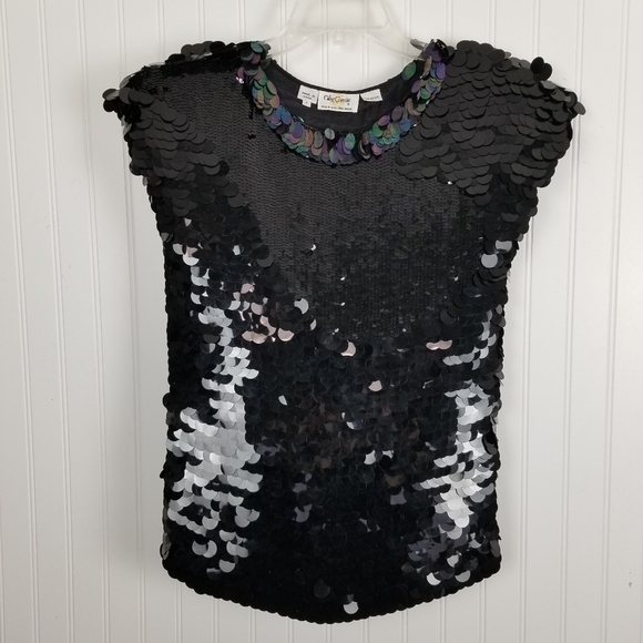 Oleg Cassini Womens All Over Sequin Sleeveless Silk Top Black Lined Size Small - Picture 11 of 11